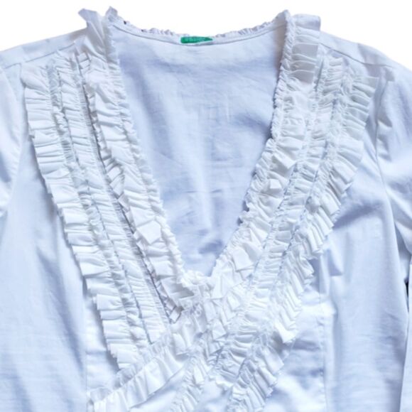 Romantic White Blouse Ruffle V Neck Long Sleeve Sz L - Picture 2 of 7